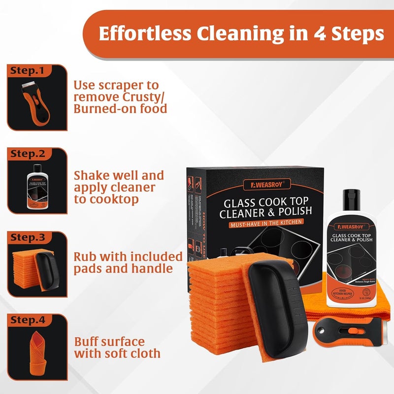 AWEASROY 20pcs Glass Stove Top Cleaner Kit - 12 oz Cooktop Cleaner Polish, Non-Abrasive No Scratch, Removes Tough Stains, Includes Scrubbing Pad, Scraper & Microfiber Cloth for Smooth Glass Surfaces - Image 5